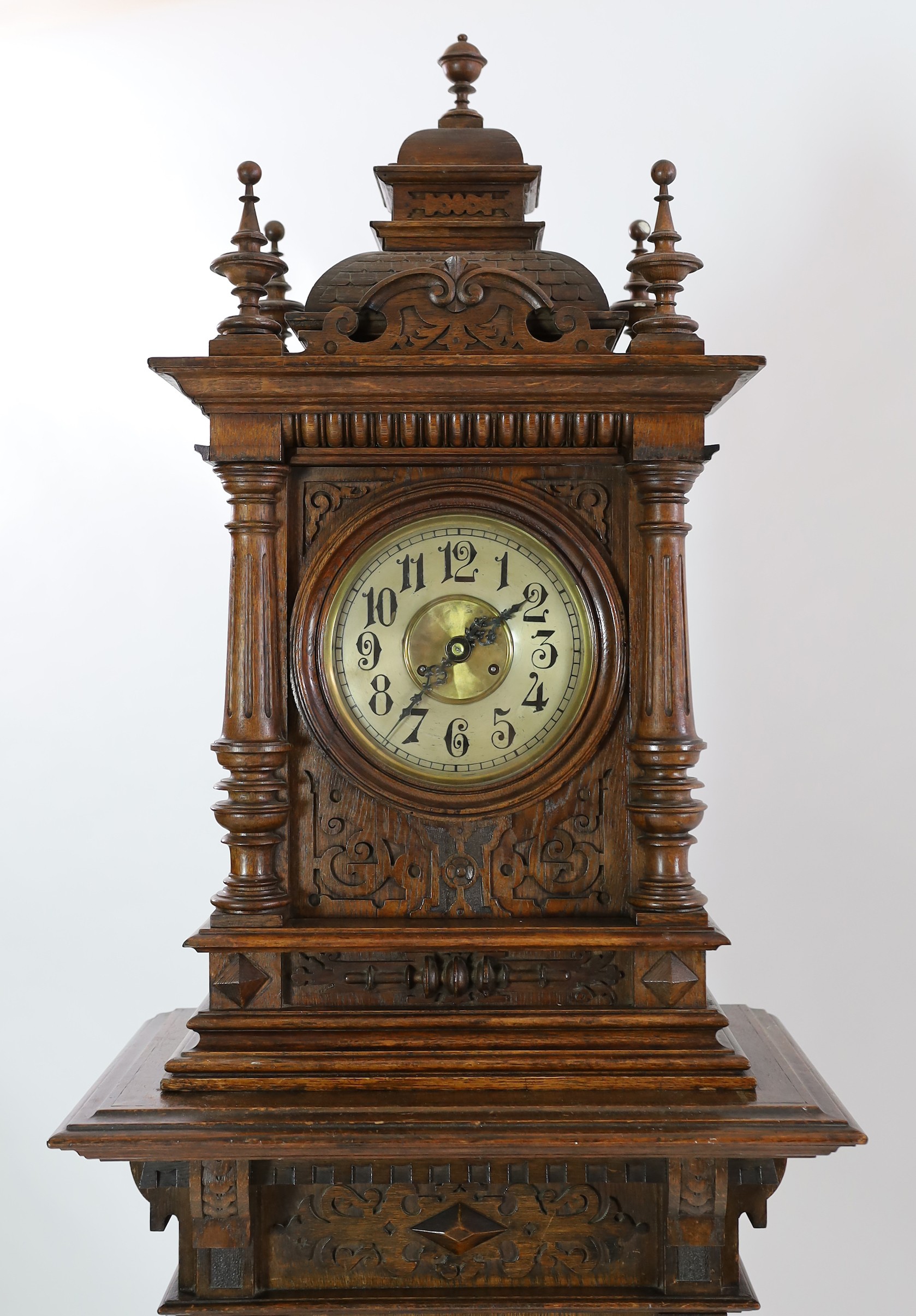 A Symphonion oak musical longcase hall clock, c.1895, playing 13.5in. discs, width 58cm depth 37cm height 235cm